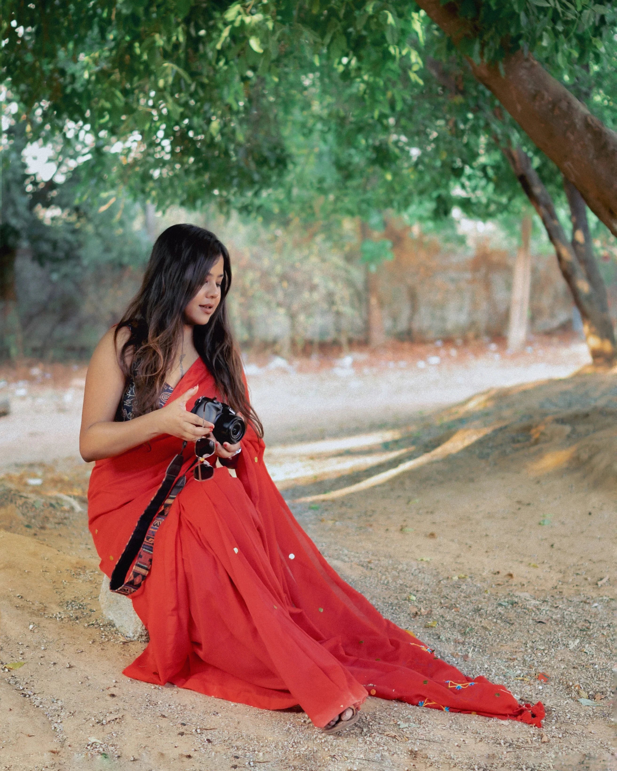 Divine Feminine – Vibrant Red Handloom Linen Saree with Goddess Durga Embroidery - Kozylook